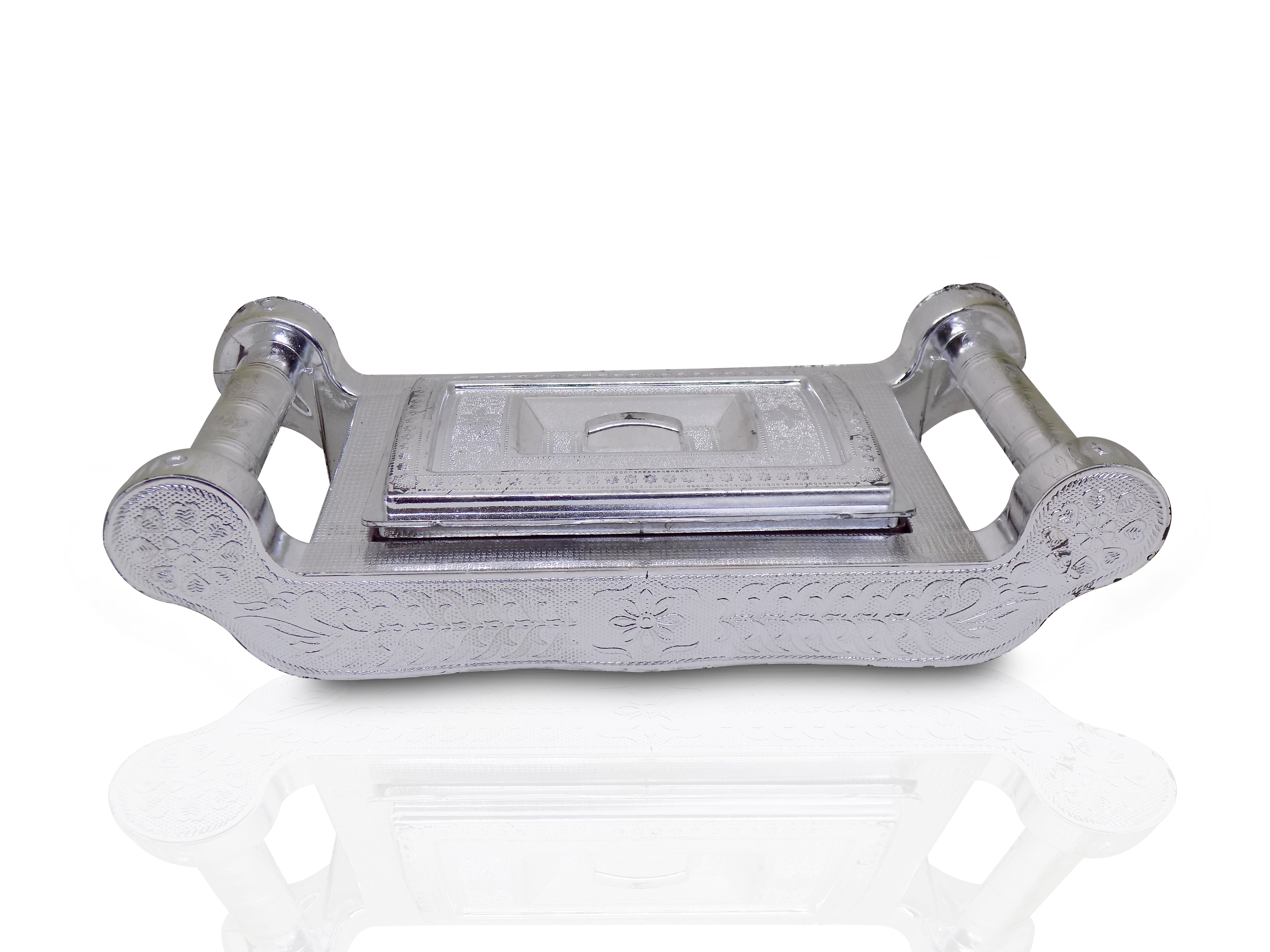 Elegant silver storage box with four sections for gifts and storage. Elegant silver storage box with four sections for gifts and storage.